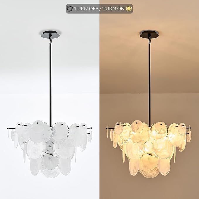 Dia 28 Inch, Modern Glass Chandeliers for Bedroom, Black Dining Room Light Fixture, Large Vintage Pendant Chandelier for Living Room Entryway Foyer