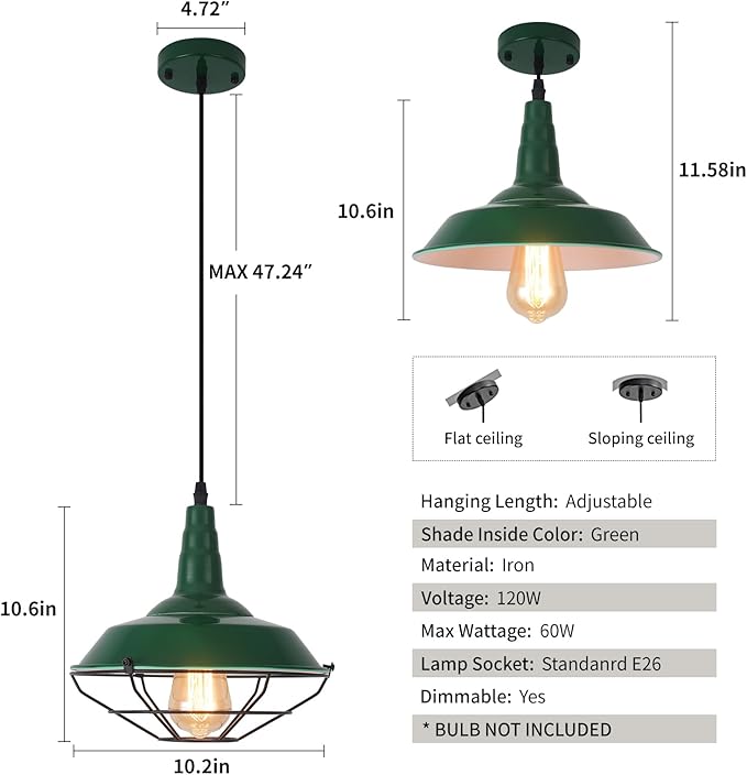 Farmhouse Green Pendant Light, 3 Packs 10.5 inch, Modern Pendant Lighting, Kitchen Pendant Lights, Industrial Pendant Light, Pendant Lights Kitchen Island for Bedroom, Living Room, Bar