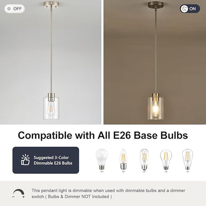 Modern Farmhouse Brushed Nickel Pendant Lights, Mini Hanging Light Fixture with Clear Glass Shade, Adjustable Rods for Kitchen Island, Sink, Bar (2 Pack)