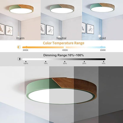 LED Ceiling Light Fixture,24 Inch Modern Wood Recessed Ceiling Lights, Dimmable Light,Green 54W Close to Ceiling Lighting Flush Mount Living Room Bedroom,3000K-6000K