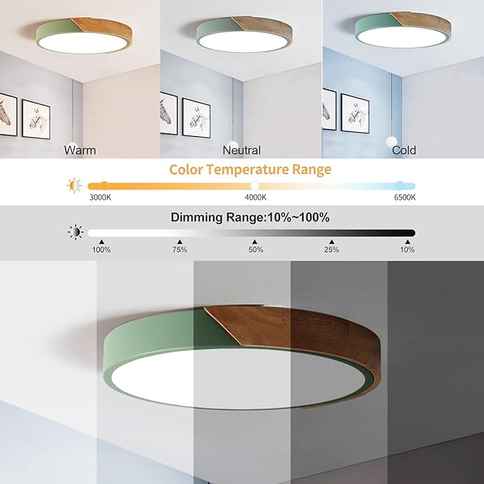 LED Modern Wood Recessed Ceiling Light, 20 Inch, 3000K-6000K Dimmable, Green, 36W Flush Mount Living Room Bedroom Ceiling Lamp