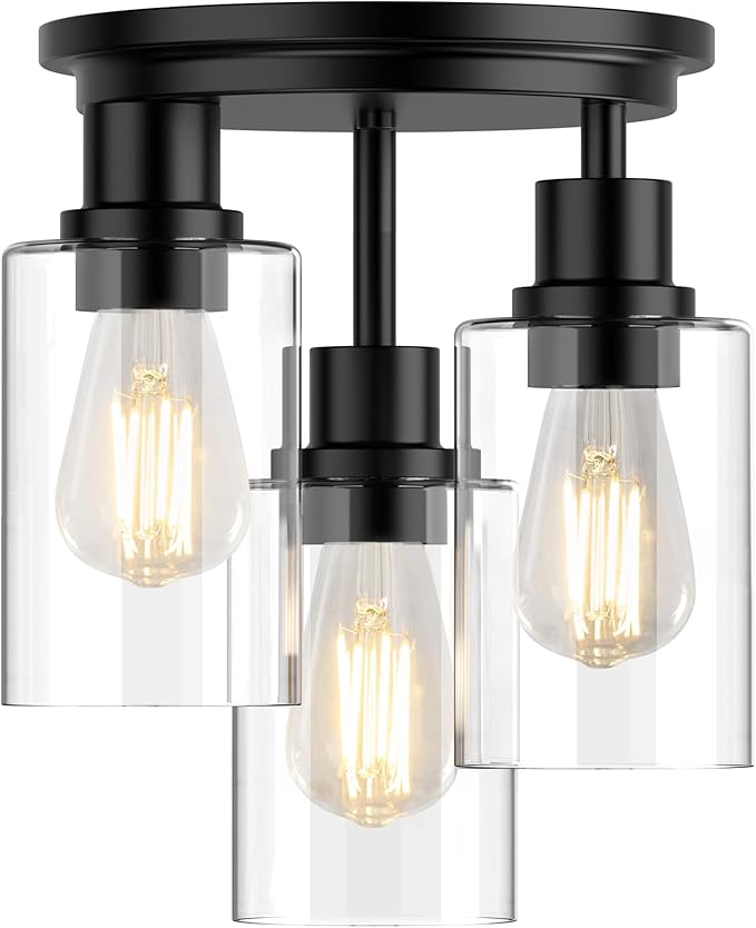 ROTTOGOON Semi Flush Mount Ceiling Light, Close to Ceiling Lights Fixtures, 3 Light Kitchen Ceiling Lights Fixtures with Glass Shades, Hallway Light Fixtures Ceiling Mount for Foyer, 9.9" x 13", Black