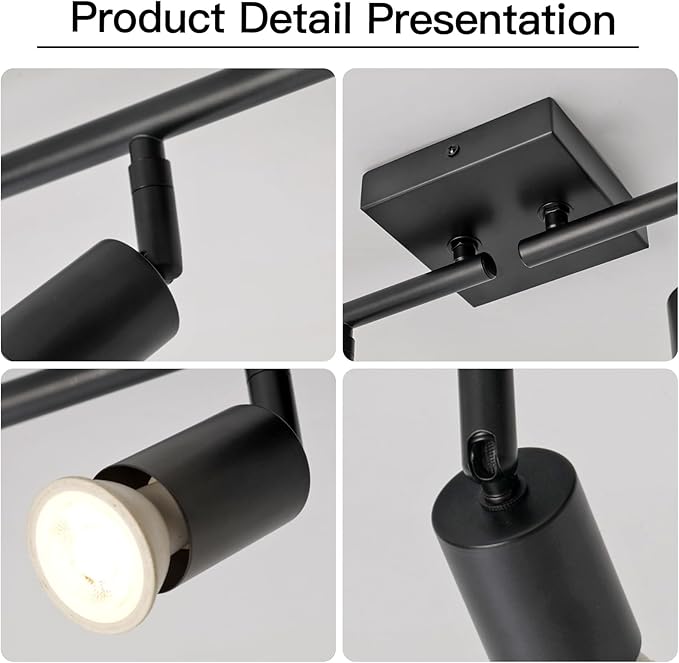 4-Light GU10 Track Lighting, Black Adjustable Ceiling Spot Light Kit, Industrial Flush Mount LED Track Light for Kitchen, Hallway, Living Room