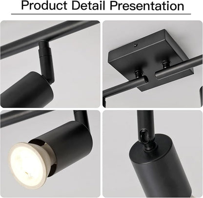 4-Light GU10 Track Lighting, Black Adjustable Ceiling Spot Light Kit, Industrial Flush Mount LED Track Light for Kitchen, Hallway, Living Room