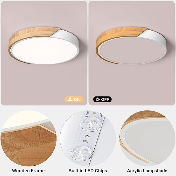 Modern LED Ceiling Light, Minimalist Wood Style Flush Mount Ceiling Light Fixture, Circle Lighting Lamp with Acrylic Lampshade for Bedroom Living Room Dining Room Laundry (White, 11.8'')