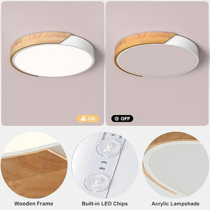 Modern LED Ceiling Light, Minimalist Wood Style Flush Mount Ceiling Light Fixture, Circle Lighting Lamp with Acrylic Lampshade for Bedroom Living Room Dining Room Laundry (White, 11.8'')