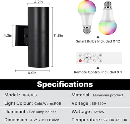 RGBCW Outdoor Wall Light 6 Pack, Smart Porch Light Dusk to Dawn Lighting with Remote Control, WiFi Outdoor Wall Sconce, Compatible with Alexa, Exterior Lights for House Porch Garage