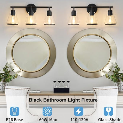 Black Bathroom Vanity Light 3 Lights Bathroom Light Fixtures Over Mirror Vanity Lighting Fixtures with Clear Glass Shade 22 inch Modern Vanity Lights for Bathroom Wall Sconce Lights for Bedroom
