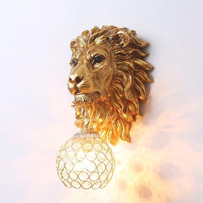 Gold Lion Head Wall Sconce Hardwired, Vintage Crystal Sconce Wall Lighting for Living Room Bedroom Hallway, Luxury Resin Sculpture Wall Lamp, E26 Base