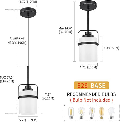 Modern Black Pendant Lights Kitchen Island Light, Adjustable Hanging Light Fixture with Milk Glass Shade, Farmhouse Pendant Light for Dining Room Bar Over Sink/Table/Counter, 2 Pack