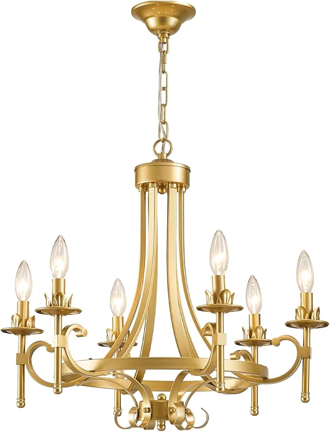 Modern Gold Candle Chandelier, 6-Light Farmhouse Chandeliers for Dining Room Lighting Fixtures Hanging, Dining Light Fixtures Iron Metal Pendant Light Fixture for Bedroom Living Room Kitchen Foyer