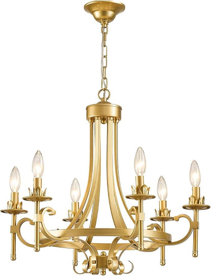 Modern Gold Candle Chandelier, 6-Light Farmhouse Chandeliers for Dining Room Lighting Fixtures Hanging, Dining Light Fixtures Iron Metal Pendant Light Fixture for Bedroom Living Room Kitchen Foyer