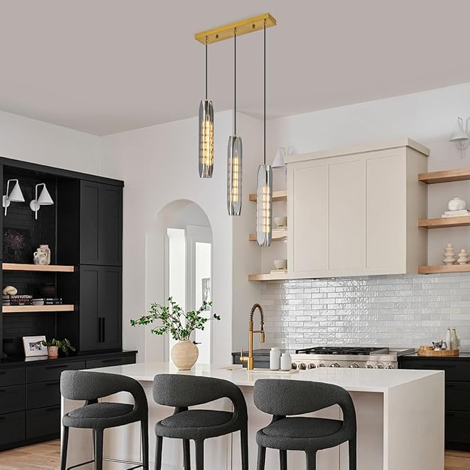 3-Light Linear Pendant Light for Kitchen Island, Modern Brass Ceiling Hanging Lamp with Smoked Glass Shades, Adjustable Height Island Lighting for Dining Room, Bar, Living Room