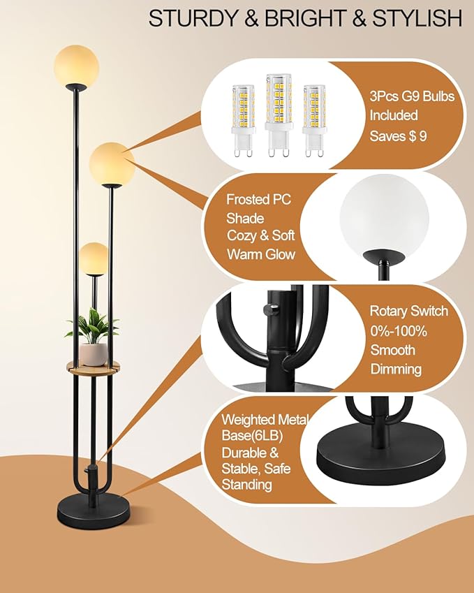 63IN Black Floor Lamp with Shelf Mid Century Modern Tall Standing Lamps with 3000K Warm White Bulb Included Dimmable Globe Floor Lamp with 5Lbs Heavy Base for Living Room/Bedroom/Home Decor