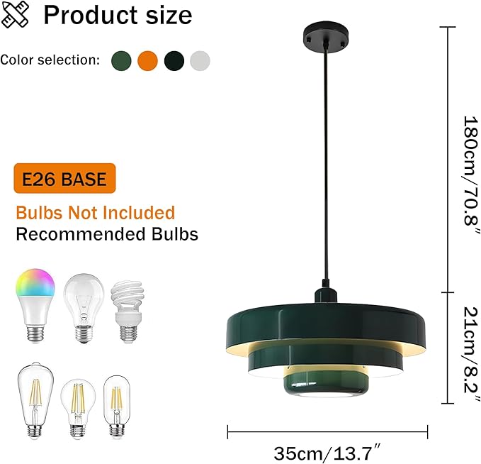 Mid Century Pendant Light Fixtures Ceiling Pendant Lighting 3-Layer Metal Shade Design Vintage Flush Mount Light for Dining Table Kitchen Island Hallway (Green)