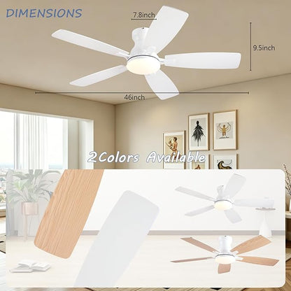 NKPU Ceiling Fans with Lights, Low Profile Ceiling Fan with Light and Remote/APP Control, DC Reversible Motor, Noiseless, Flush Mount, 46inch White Ceiling Fan for Bedroom Indoor/Outdoor Use