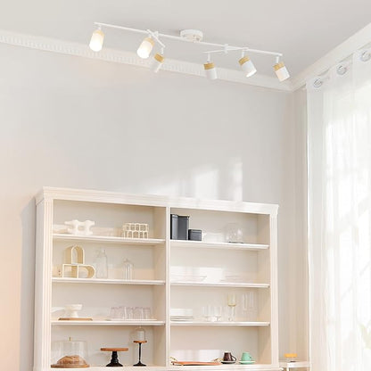 Globe Electric 64000055 42" 6-Light Track Lighting, Double Center Swivel Bar, Matte White, Wood Toned Accents, Ceiling Light, Pivot Shades, 6 Bulb, Kitchen Lights, GU10 Sockets