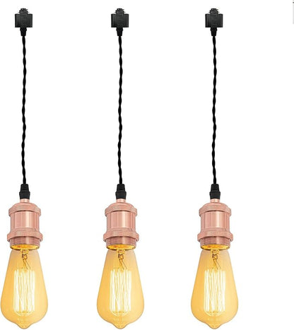 Kiven H-Type Wire Track LightPendants, 11.8 Inch Cord Length Black Weave Rope, Restaurant DecorativePendant Light Industrial Pendant Lamp 3 Pack,Bulb Not Included（Rose Gold）