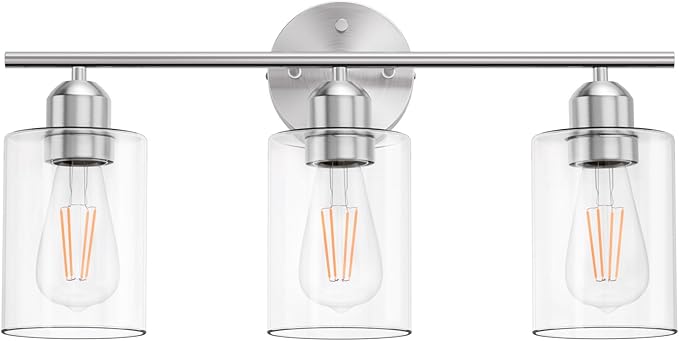 Bathroom Vanity Light Fixtures Brushed Nickel, 3 Lights Bathroom Over Mirror, UL Certified, Modern Wall Lighting Fixtures with Glass Shade, E26 Socket