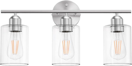Bathroom Vanity Light Fixtures Brushed Nickel, 3 Lights Bathroom Over Mirror, UL Certified, Modern Wall Lighting Fixtures with Glass Shade, E26 Socket