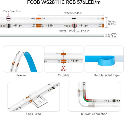 BTF-LIGHTING FCOB WS2811 IC RGB COB LED Strip DC24V 576LED/m 9.8FT Flexible High Density Color Chasing Uniform Light 16IC/m 10mm Width for Indoor Lighting Project(No Adapter or Controller)