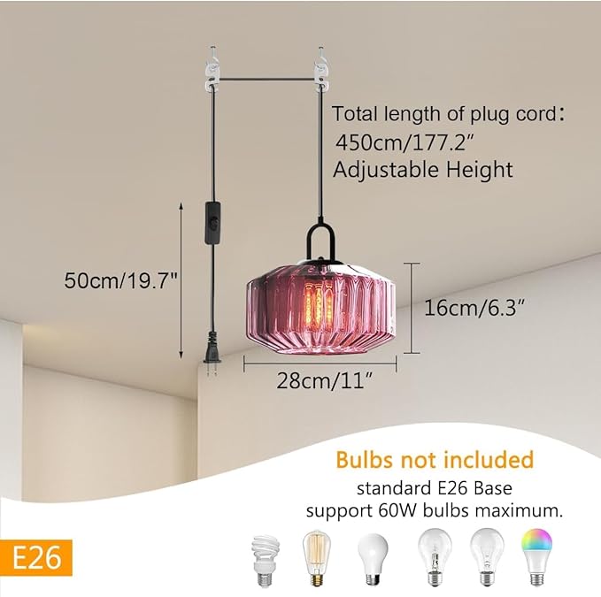Plug in Hanging Light Glass Globe Pendant Light Plug in Mid Century Modern Pendant Light Fixture with 14.7 ft Cord Purple Striped Glass Shade for Living Dining Room Farmhouse Kitchen