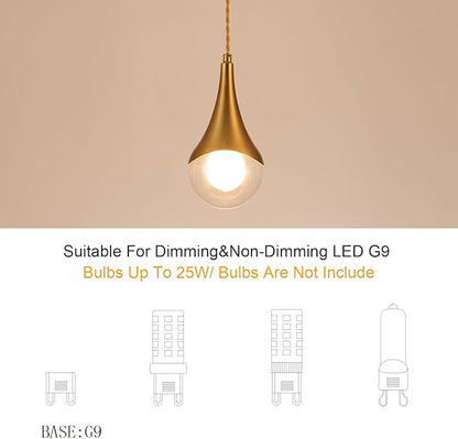MWZ Gold Plug in Pendant Light,Hanging Lights with Plug in Cord On/Off Switch, Mini Brass Pendant Lights for Kitchen Island,Modern Raindrop Lamps Fixture with Globe Glass Shade for Bedroom