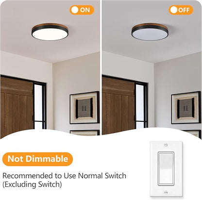 Modern Walnut Wood Black Flush Mount Ceiling Light, 11.81" Round LED Low Profile Close to Ceiling Fixture for Kitchen Bedroom Bathroom Laundry Hallway Entryway Closet Living Room