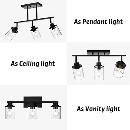 Track Lighting Fixtures 3 Light Ceiling Lights with Adjustable Track Heads, Black Bathroom Vanity Light with Clear Glass Shade, Modern Track Lighting Kit for Kitchen Office Living Room
