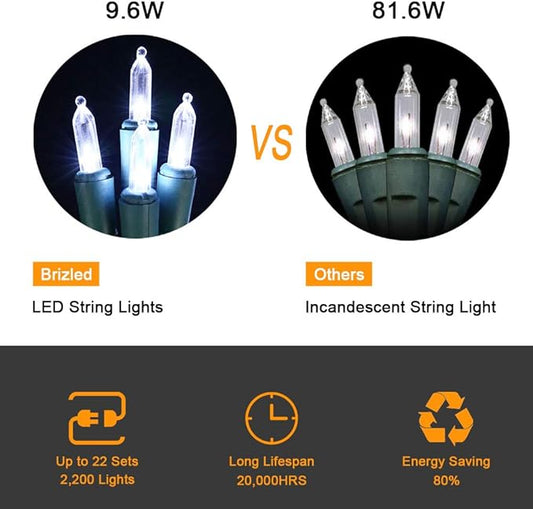 Brizled Christmas Tree Lights, 2 Pack 33ft 100 LED Christmas Lights, 120V UL Certified Connectable Xmas Light Indoor Outdoor, Clear Mini Light for Xmas, Tree, Home, Holiday, Green Wire, Bright White