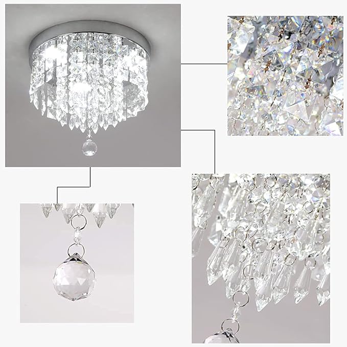 Deckrico Crystal Chandelier Modern Led Ceiling Light Flush Mount Stainless Steel Fixture Beaded Light Shade for Bedroom Dining Room Hallway Porch (White Light)