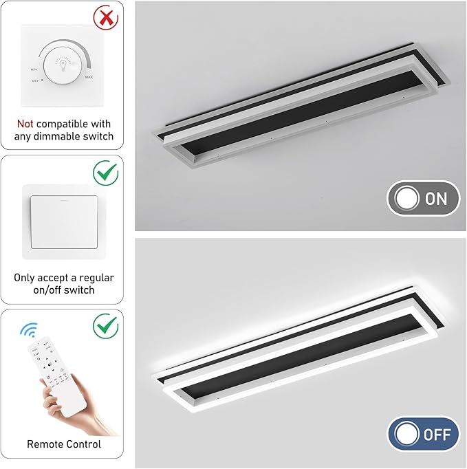 Dimmable Led Ceiling Light with Remote Control Modern Linear Flush Mount Ceiling Lighting Fixture Acrylic Long Ceiling Lamp for Living Room Kitchen Dining Room Hallway (Black&White, 2 Packs)
