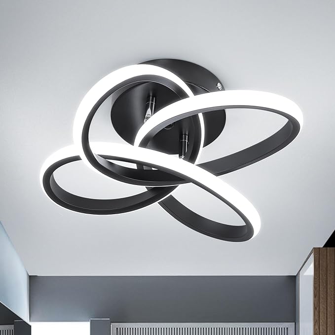 CANEOE Modern Led Ceiling Light Fixture, 6000K Small Hallway Ceiling Light, Black Close to Ceiling Lights for Hallway Bedroom Bathroom Entryway Balcony Stair Curved Design Ceiling Lamp