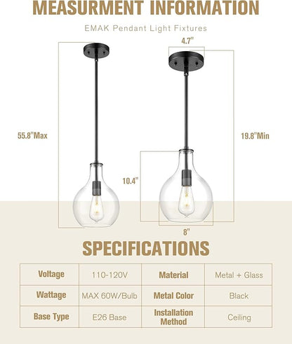 Emak 8 Inch Pendant Lights Kitchen Island, Modern Black Pendant Light with Clear Glass Shade, Farmhouse Hanging Light Fixture for Kitchen, Bathroom, Hallway, Dining Room, PL125-BK