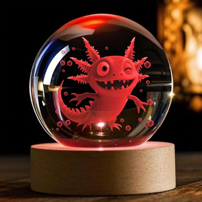 Axolotl 3D Crystal Ball Night Light, 2.36 inch, Axolotl Gifts for Kids Birthday Decorations LED Base Christmas Decor Handmade Emotional Support Doll