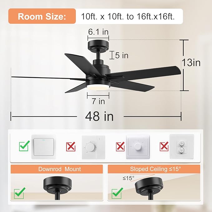 YUHAO 48 Inch Black Ceiling Fan with Light and Remote Control.Noiseless,Dimmable, 3CCT,6 Speeds Reversible, Modern DC Ceiling Fans for Indoor or Covered Outdoor Use,ETL Listed