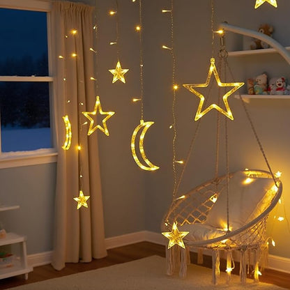 Moon and Stars Decor Curtain Lights, 11.5ft String Lights for Bedroom, Christmas, Ramadan Decor, Indoor LED Fairy Twinkle Light, Battery Operated or USB Plug-in (Warm Yellow)