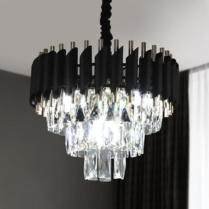 A AXILIXI Modern Crystal Chandeliers 3 Tiers Black and Gold Pendant Light Fixtures 16” Round Flush Mount Chandeliers Ceiling Lighting Dimmable for Living Room Dining Room Foyer Bedroom Kitchen
