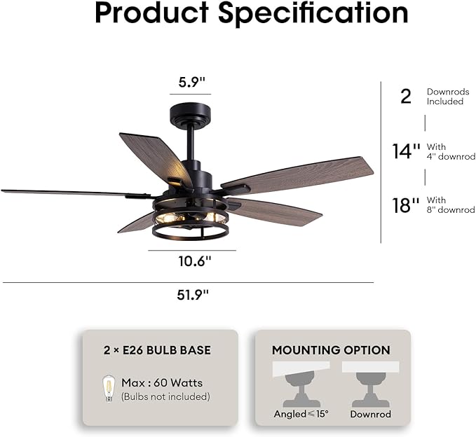 Ceiling Fans with Lights and Remote Control, Ceiling Fan for Bedroom Living Room (52 Inch Black-2)