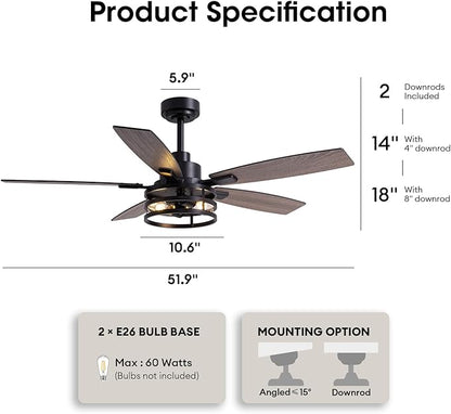 Ceiling Fans with Lights and Remote Control, Ceiling Fan for Bedroom Living Room (52 Inch Black-2)