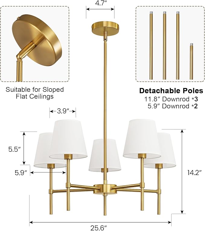 RUIYEY Dining Room Chandeliers Light - 5-Light Gold Modern Chandeliers Light Fixtures with White Fabric Shade, Height Adjustable Pendant Island Light for Entryway Farmhouse