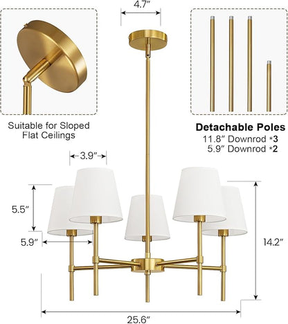 RUIYEY Dining Room Chandeliers Light - 5-Light Gold Modern Chandeliers Light Fixtures with White Fabric Shade, Height Adjustable Pendant Island Light for Entryway Farmhouse