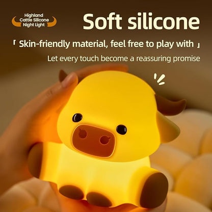 Highland Cow Night Light, Huggwaii Squishy Silicone Lamp for Kids - Dimmable Touch Sensor Cute Animal Lamp, Soft Glow Night Light for Nursery, Bedroom, Christmas Gifts for Boys, Girls, Women