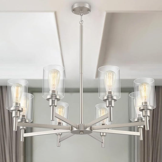 Brushed Nickel Chandeliers for Dining Room | 8 Lights Living Room Light Fixture Over Table | Farmhouse Chandelier with Clear Glass Shade | Hallway Lighting for Kitchen Island | Bedroom | Restaurant