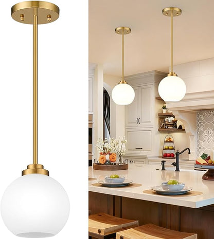 1 Pack 7.2-Inch Globe Pendant Lights, Mid Century Gold Pendant Light Fixtures, Globe Pendant Lights Kitchen Island with Milk Glass Shade Adjustable Hanging Fixture for Dining Room (Bulbs not Included)