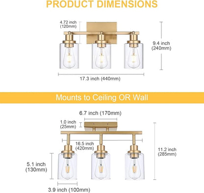 3-Light Gold Tracking Lights, Multi-Directional Rotating Ceiling Tracking Lighting Fixture with Clear Glass, Modern Bathroom Ceiling Vanity Lights Track Lighting Kits for Kitchen Accent Shop