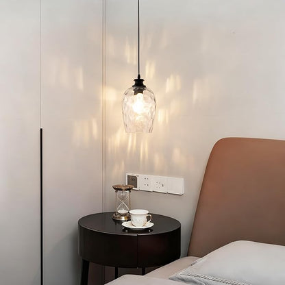 Modern Plug in Pendant Light with Dimmable Switch E26 Clear Rippled Glass Shade Hanging Lights with 16.4 Ft CordPlug in Hanging Lamp for Kitchen Island Bedroom Living Room （Bulb not Included）