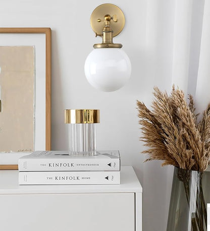 Pathson Hardwired Wall Sconce with White Globe, Brass Bathroom Vanity Light with On Off Switch, Vintage Wall Light Fixtures for Living Room Loft Hallway