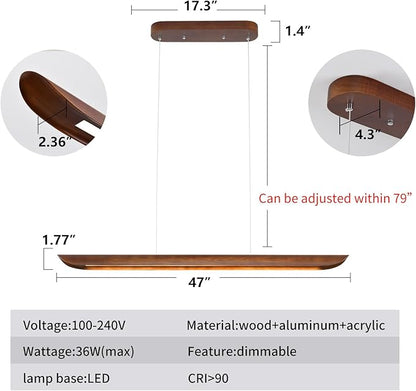 47" Wood Linear Pendant Light Modern Dimmable Kitchen Island Lighting with Remote 36W LED Island Lights Adjustable Linear Chandelier for Dinning Room Light Fixture, Bar, Pool Table Light Walnut Color