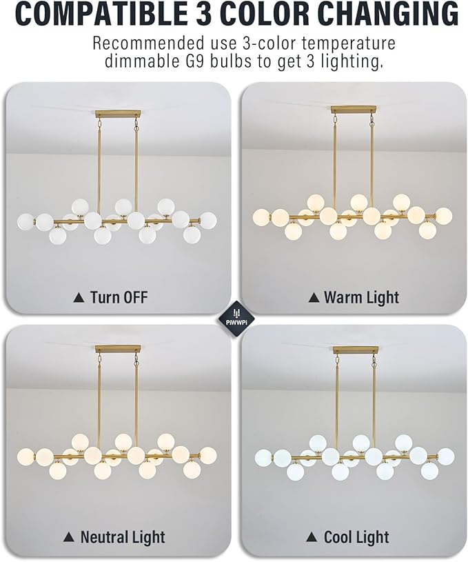 55" Long Brass Gold Chandeliers for Dining Room Kitchen Island, Large Globe Sputnik Linear Chandelier, 16 Lights Mid Century Modern Light Fixture Over Table, Milk White Bubble, GC-08